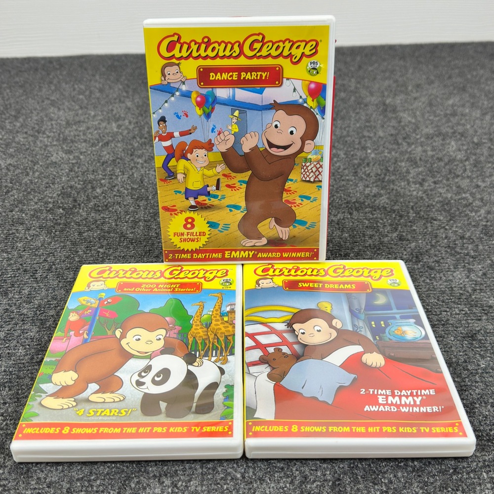 Curious George 3 DVD Lot Dance Party Zoo Night Sweet Dreams PBS Kids Emmy Winner